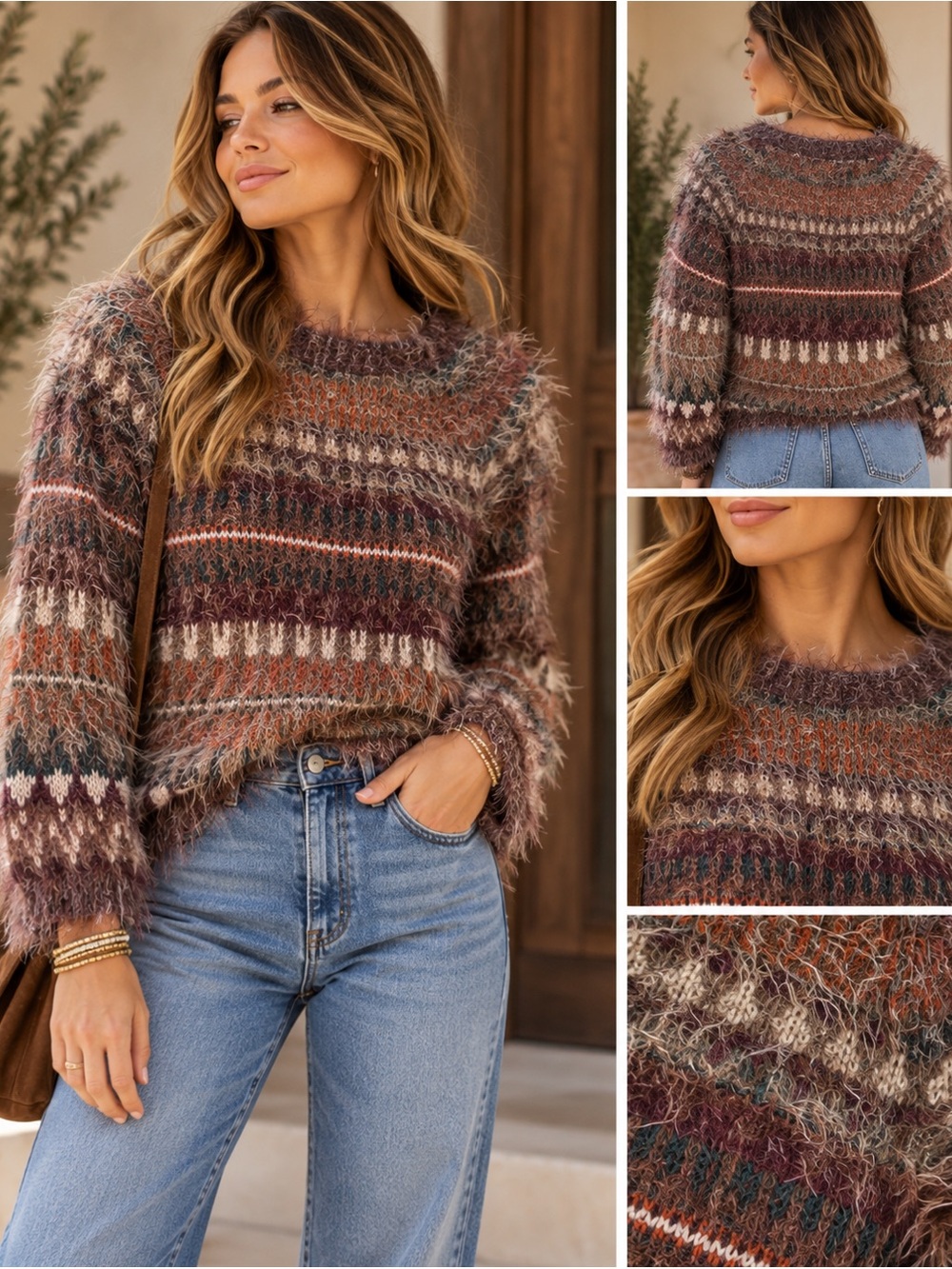 M&S Indigo Collection Fuzzy Fair Isle Eyelash Knit Sweater UK 10 US 6
